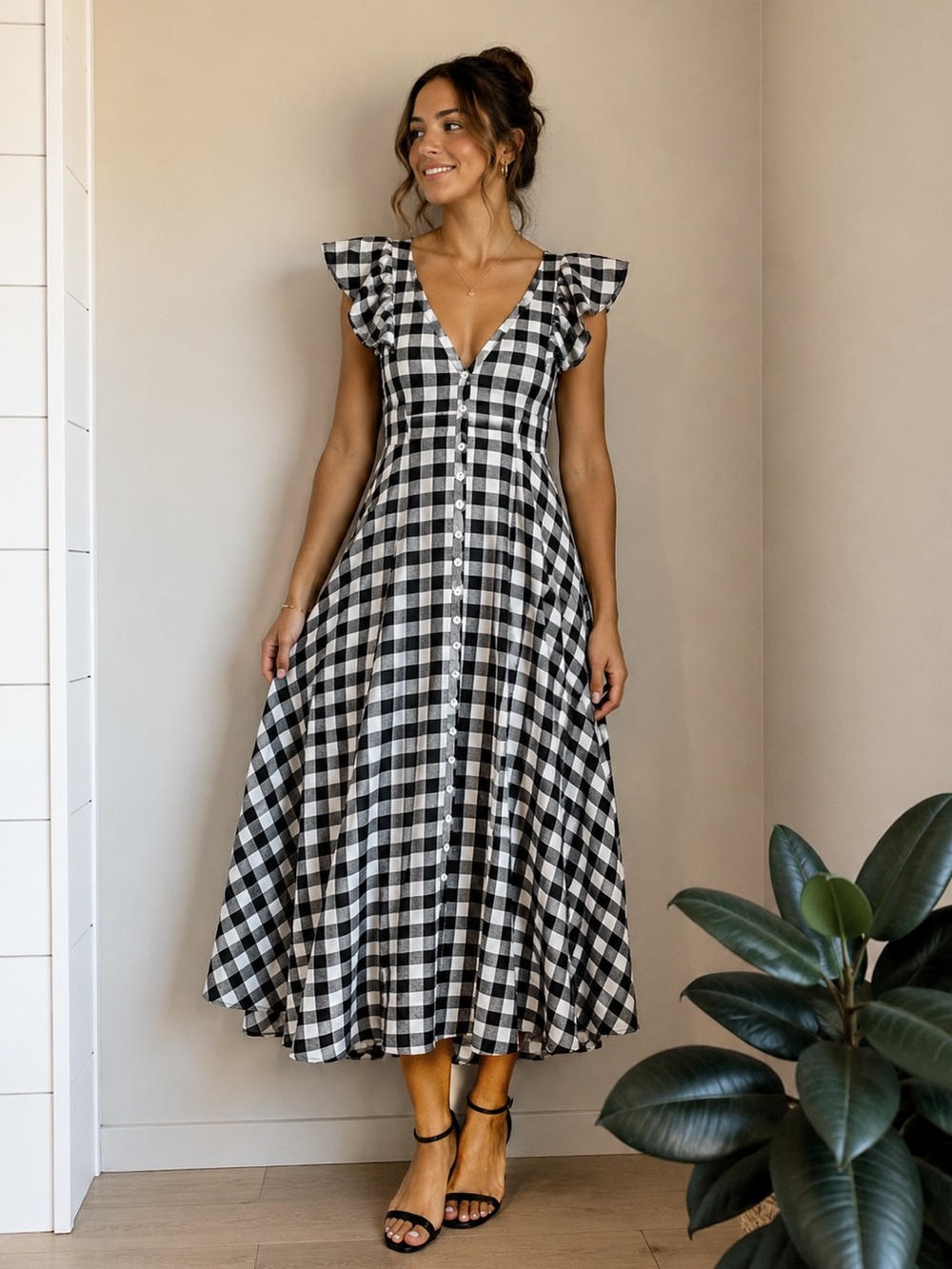 J. Crew Black and White Gingham Maxi Dress